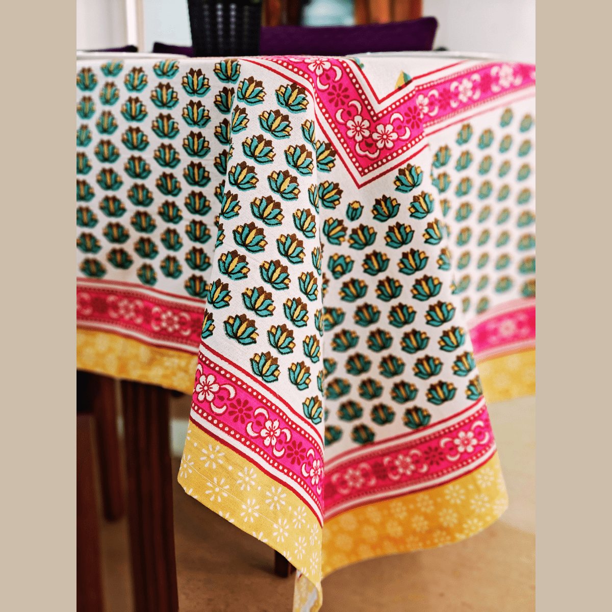 Peony 6 Seater Dining Table Cover, Block Print, 100% Cotton, 60" x 90" - Coral Slub -